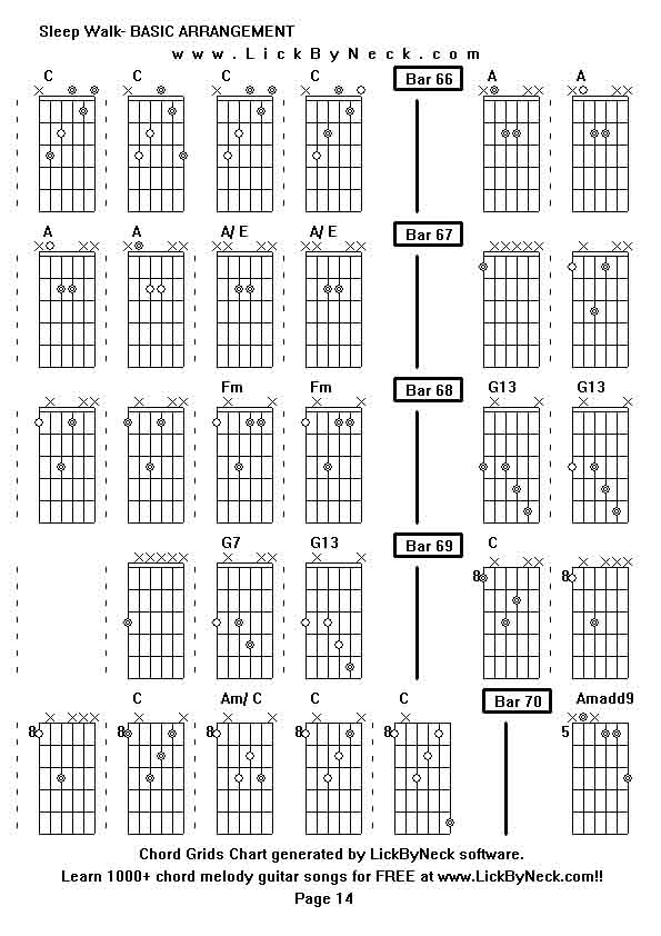 Chord Grids Chart of chord melody fingerstyle guitar song-Sleep Walk- BASIC ARRANGEMENT,generated by LickByNeck software.